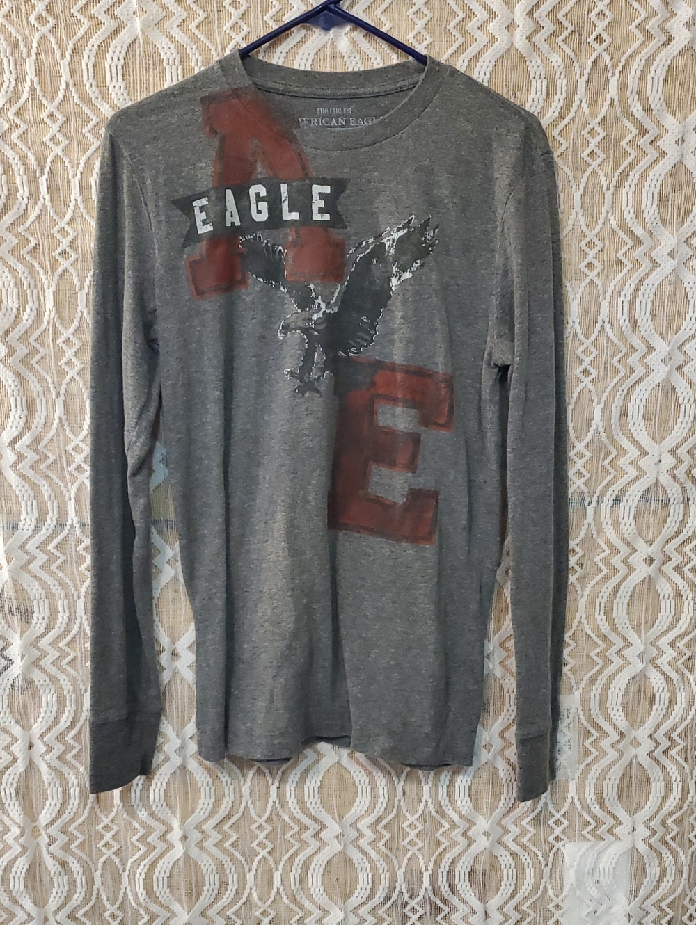 American Eagle Outfitters Men’s Long Sleeve Graphic Tee - Gray with Red Accents